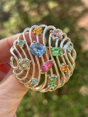 KRAMER NY Multi Stone Open Work Silver Round Dome BROOCH